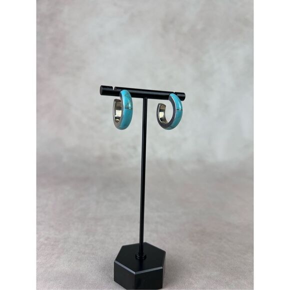 Vintage Mexico signed 925 Sterling Silver & Turquoise inlay hoop earrings - Picture 1 of 8
